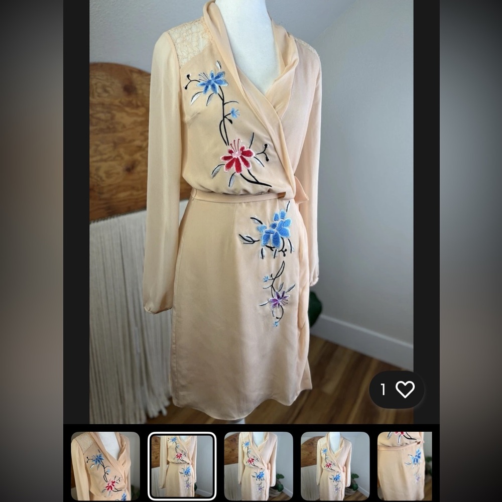 Rodarte vintage peach Floral Silk Wrap Dress Size 11 - Picture 6 of 11